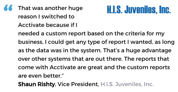 Acctivate inventory software with custom reporting user, H.I.S. Juveniles, Inc.
