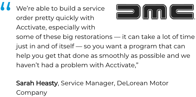 Acctivate inventory, service & repair software user, DeLorean Motor Company